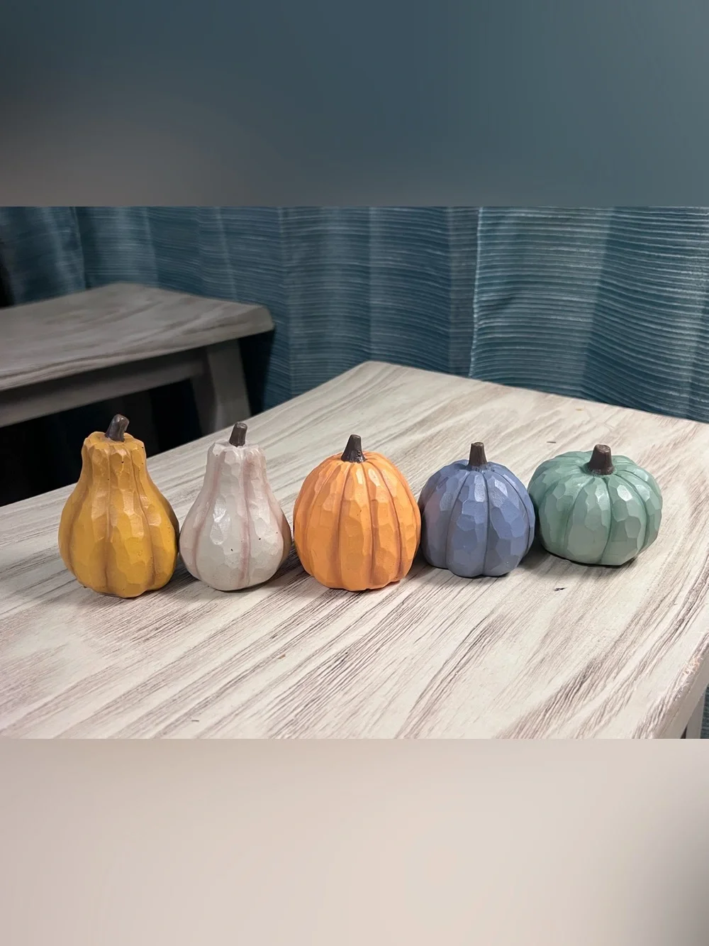 Set of 5 Mini Faux Wood Carved Pumpkins Fall Harvest Tiered Tray Decor